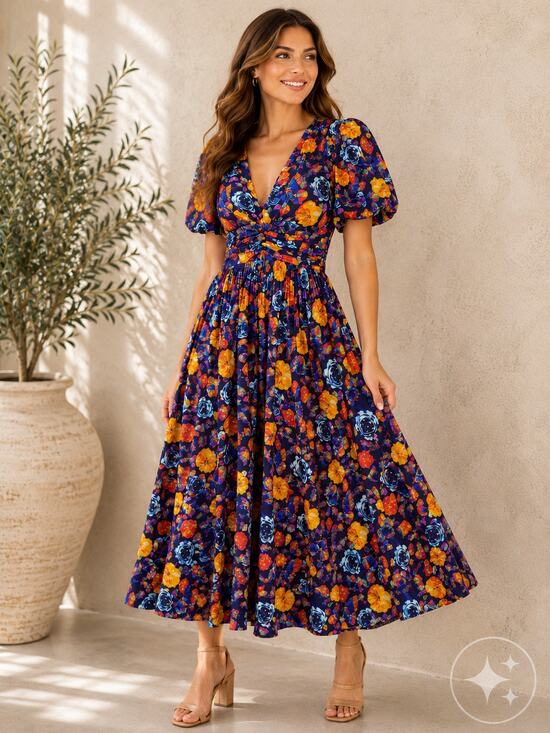 Anthropologie Dresses & Skirts - Anthropologie Floral Midi Dress M Puff Sleeve Cottagecore Romantic Boho